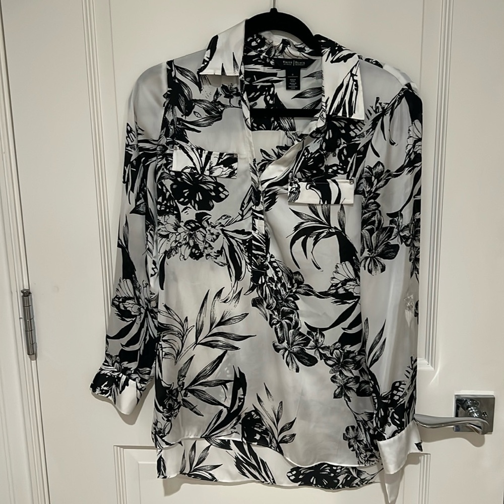 White House, black market, black-and-white floral blouse
